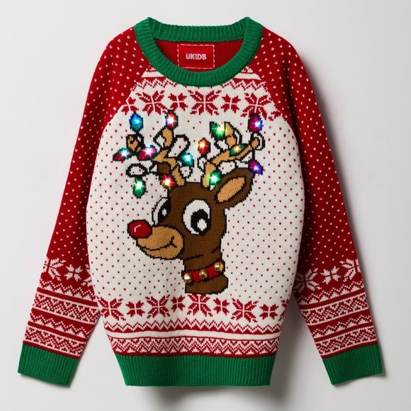 NWT Kids Light-Up Reindeer Christmas Sweater - Red - Picture 1 of 4